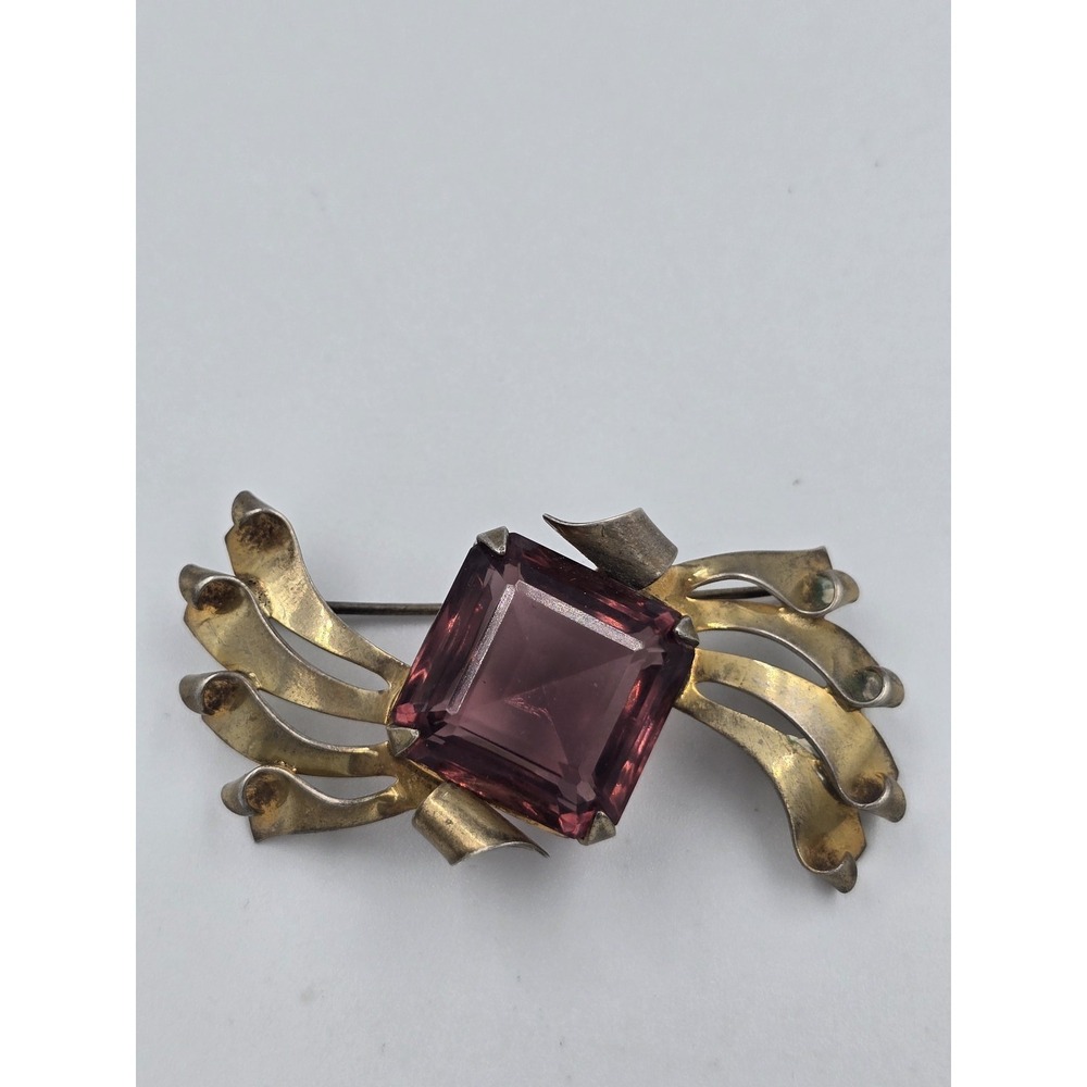 Vintage Sterling Gold Tone Purple Faceted Glass Brooch Pin Art Deco - Picture 10 of 14